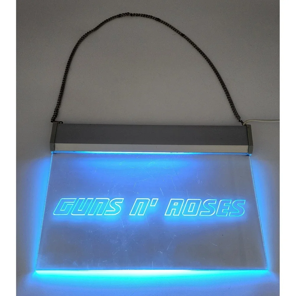Guns N Roses LED Sign Music Decor Blue Silver Good Etched Acrylic Band Light Vtg